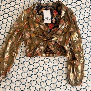 NWT Zara Floral Metallic Twist-Front Top